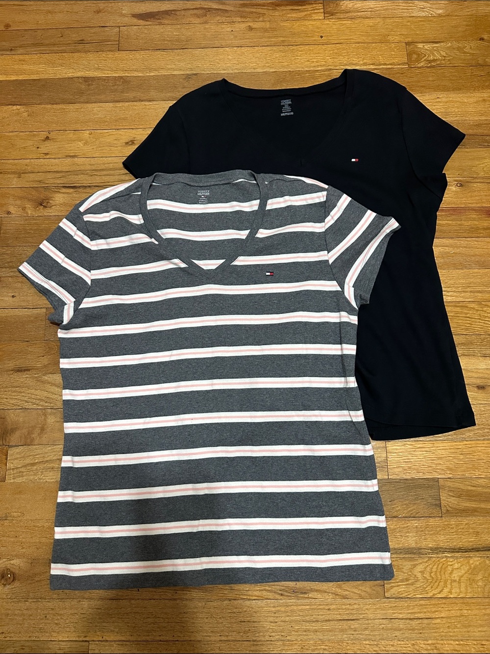 Set of 2 Tommy Hilfiger Black Tee & Charcoal Stripe V-Neck Tees
